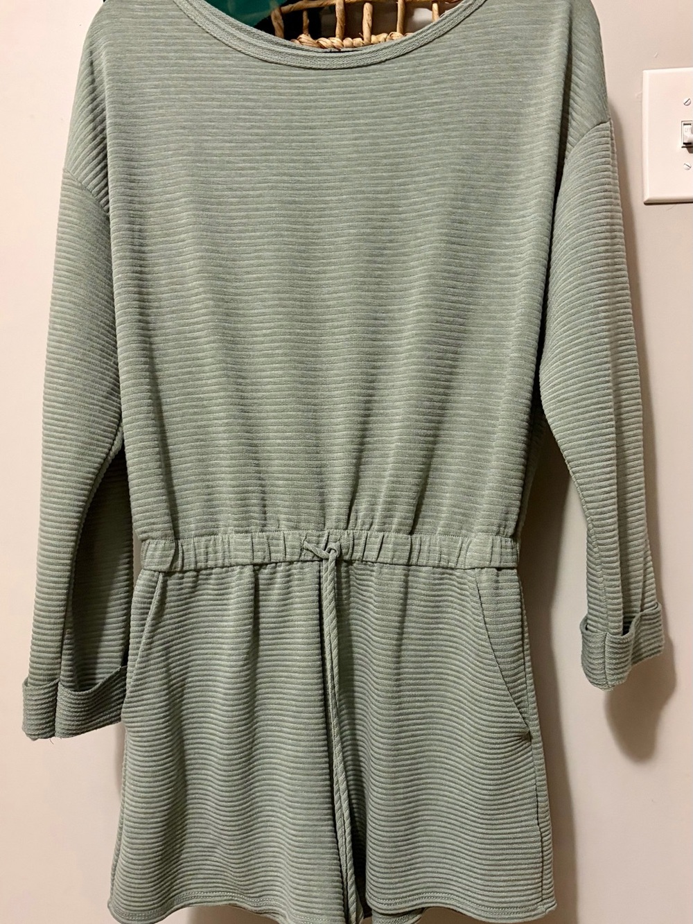 NWOT Heather Sage Ribbed Drawstring Romper